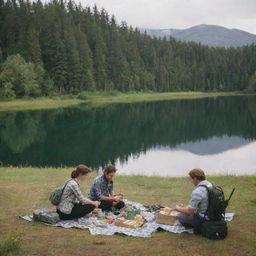 Two real people, Finn and Fiona, setting up their picnic and fishing gear by a serene lake, surrounded by greenery.