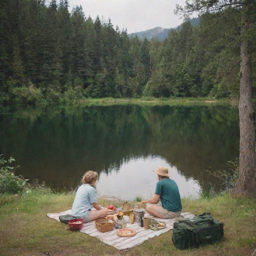 Two real people, Finn and Fiona, setting up their picnic and fishing gear by a serene lake, surrounded by greenery.