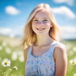 A portrait of a blonde girl with bright blue eyes, smiling warmly