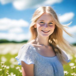 A portrait of a blonde girl with bright blue eyes, smiling warmly