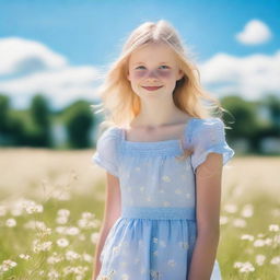 A portrait of a blonde girl with bright blue eyes, smiling warmly