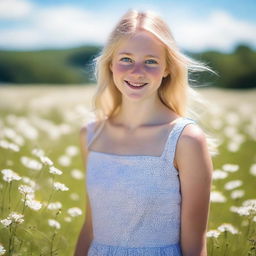 A portrait of a blonde girl with bright blue eyes, smiling warmly