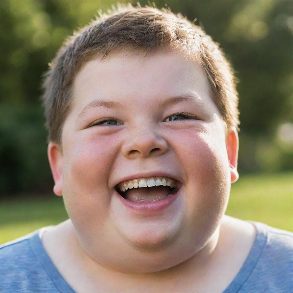 An overweight young boy with sparkling eyes and a wide, exuberant smile.