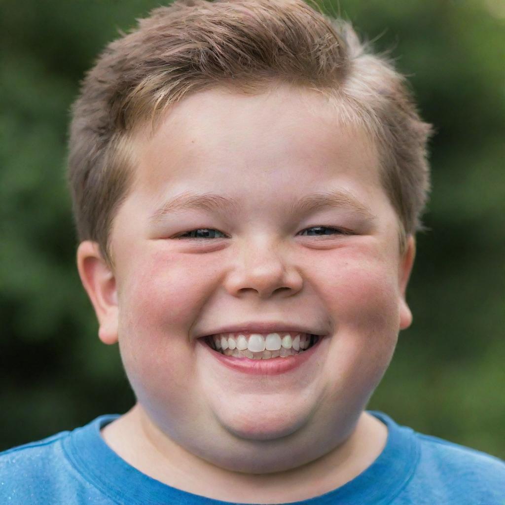 An overweight young boy with sparkling eyes and a wide, exuberant smile.