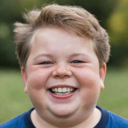 An overweight young boy with sparkling eyes and a wide, exuberant smile.