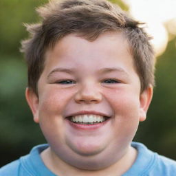 An overweight young boy with sparkling eyes and a wide, exuberant smile.