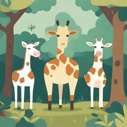 A 2D illustration featuring three different animals in the middle of a shady forest with beautiful surroundings