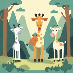 A 2D illustration featuring three different animals in the middle of a shady forest with beautiful surroundings