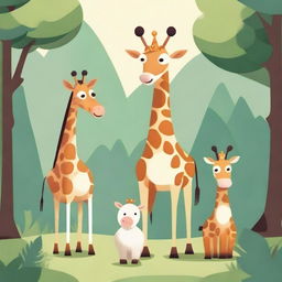 A 2D illustration featuring three different animals in the middle of a shady forest with beautiful surroundings