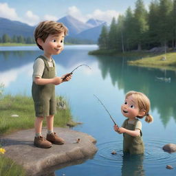 An engaging, child-friendly image of the characters Finn and Fiona setting up a fun fishing activity by a sparkling lake.