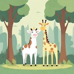 A 2D illustration featuring three different animals in the middle of a shady forest with beautiful surroundings