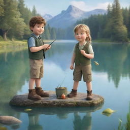 An engaging, child-friendly image of the characters Finn and Fiona setting up a fun fishing activity by a sparkling lake.