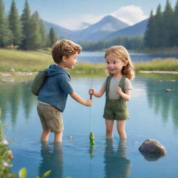 An engaging, child-friendly image of the characters Finn and Fiona setting up a fun fishing activity by a sparkling lake.