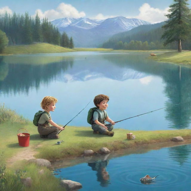 An engaging, child-friendly image of the characters Finn and Fiona setting up a fun fishing activity by a sparkling lake.