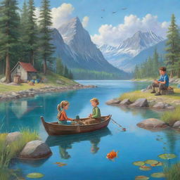 A playful and colorful scene fit for a children's book, showcasing characters named Finn and Fiona setting up their fishing gear on the banks of a beautiful blue lake.