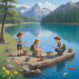 A playful and colorful scene fit for a children's book, showcasing characters named Finn and Fiona setting up their fishing gear on the banks of a beautiful blue lake.