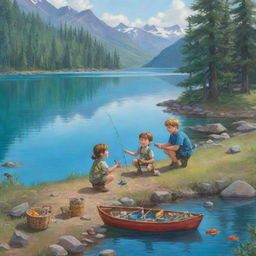 A playful and colorful scene fit for a children's book, showcasing characters named Finn and Fiona setting up their fishing gear on the banks of a beautiful blue lake.