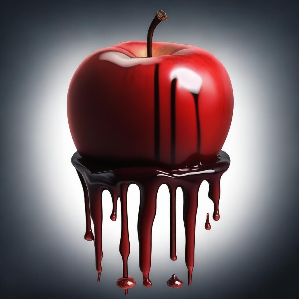 A detailed red apple dripping blood, with a dark and eerie background