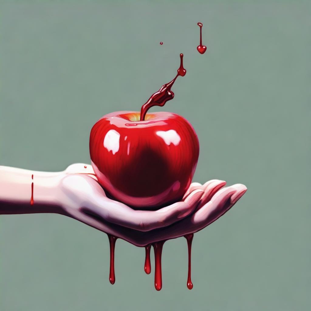 A detailed red apple dripping blood, held in a woman's hand