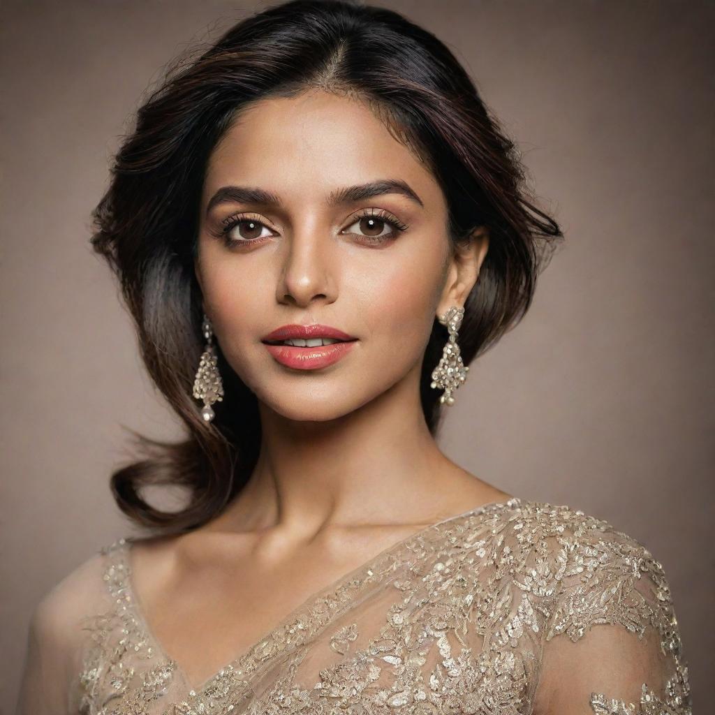 A portrait of the Indian actress Deepika Padukone, capturing her elegance and charm.