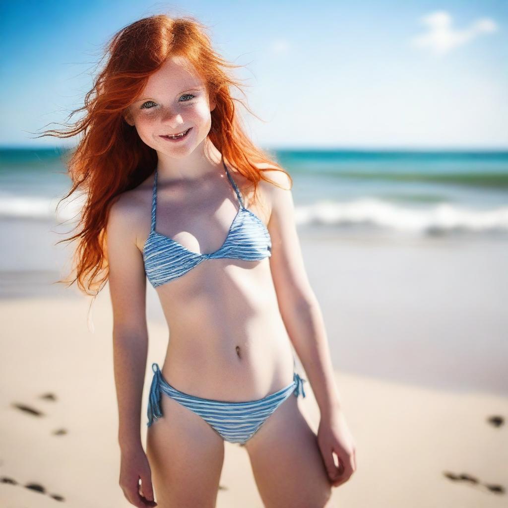 A young girl with red hair and blue eyes wearing a bikini, standing on a sandy beach with the ocean in the background