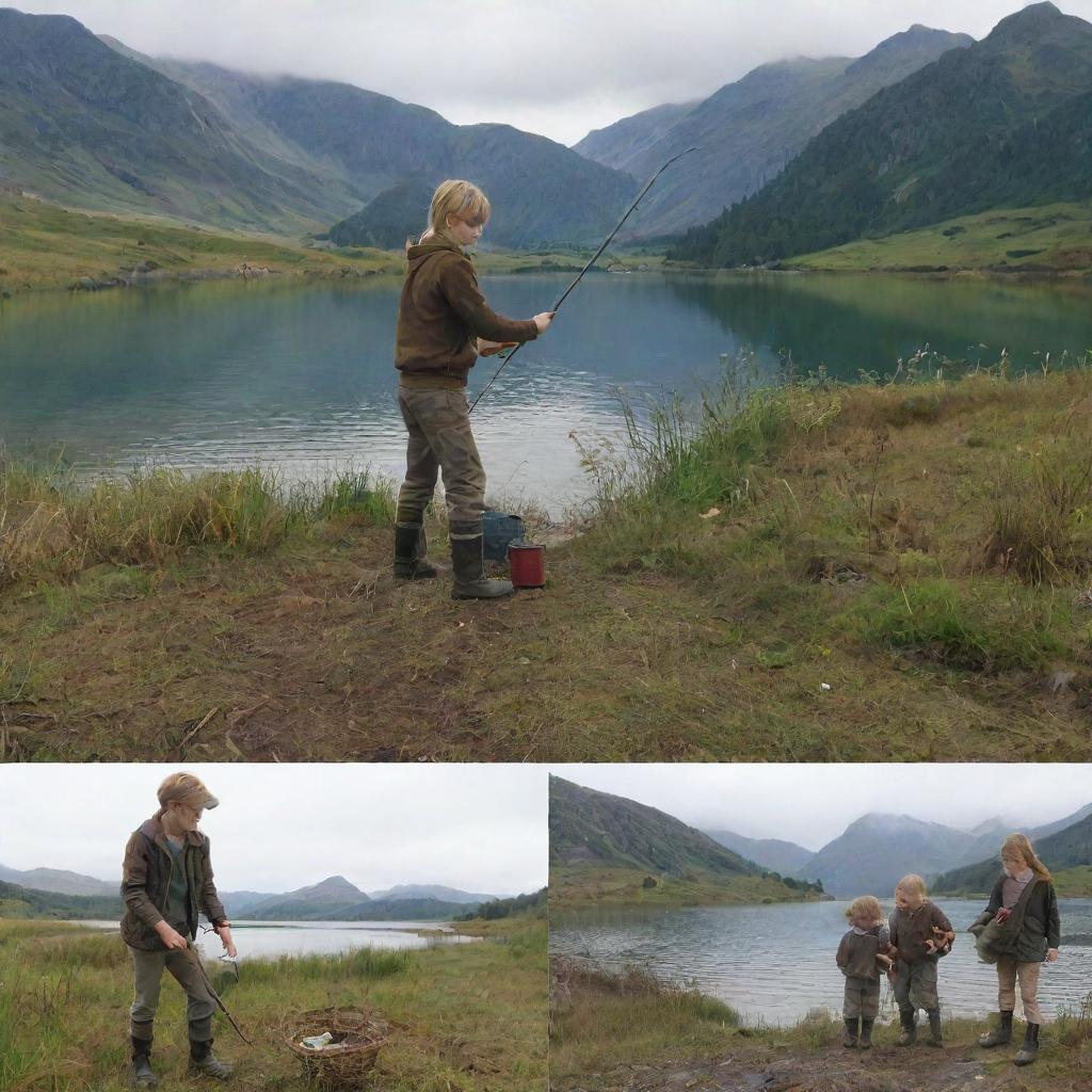 Continuing from the previous picture, we see Finn and Fiona from the bottom-left image, discovering an old, magical fishing rod among their equipment by the lake.