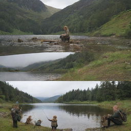 Continuing from the previous picture, we see Finn and Fiona from the bottom-left image, discovering an old, magical fishing rod among their equipment by the lake.