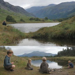 Continuing from the previous picture, we see Finn and Fiona from the bottom-left image, discovering an old, magical fishing rod among their equipment by the lake.