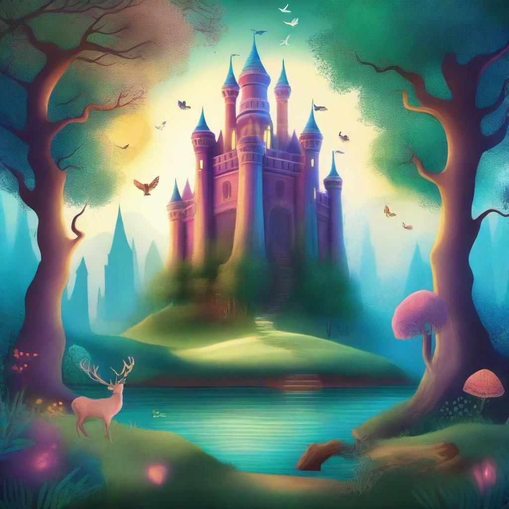 Create a captivating book cover featuring an enchanted forest with mystical creatures and a hidden ancient castle in the background
