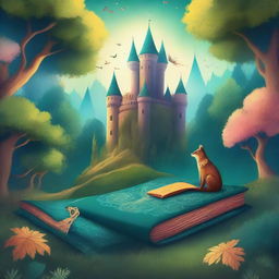 Create a captivating book cover featuring an enchanted forest with mystical creatures and a hidden ancient castle in the background
