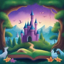 Create a captivating book cover featuring an enchanted forest with mystical creatures and a hidden ancient castle in the background