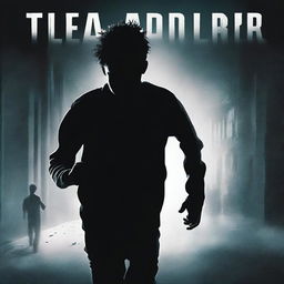 Design a black thriller book cover featuring a teenage boy running away from a shadowy figure