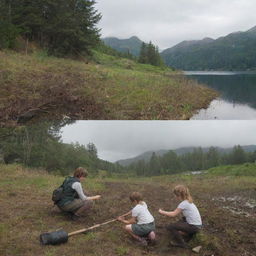 Continuing from the previous picture, we see Finn and Fiona from the bottom-left image, discovering an old, magical fishing rod among their equipment by the lake.