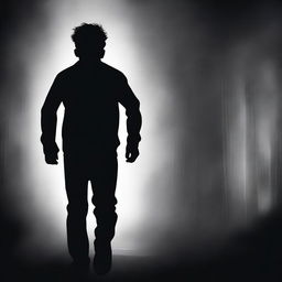 Design a black thriller book cover featuring a teenage boy running away from a shadowy figure