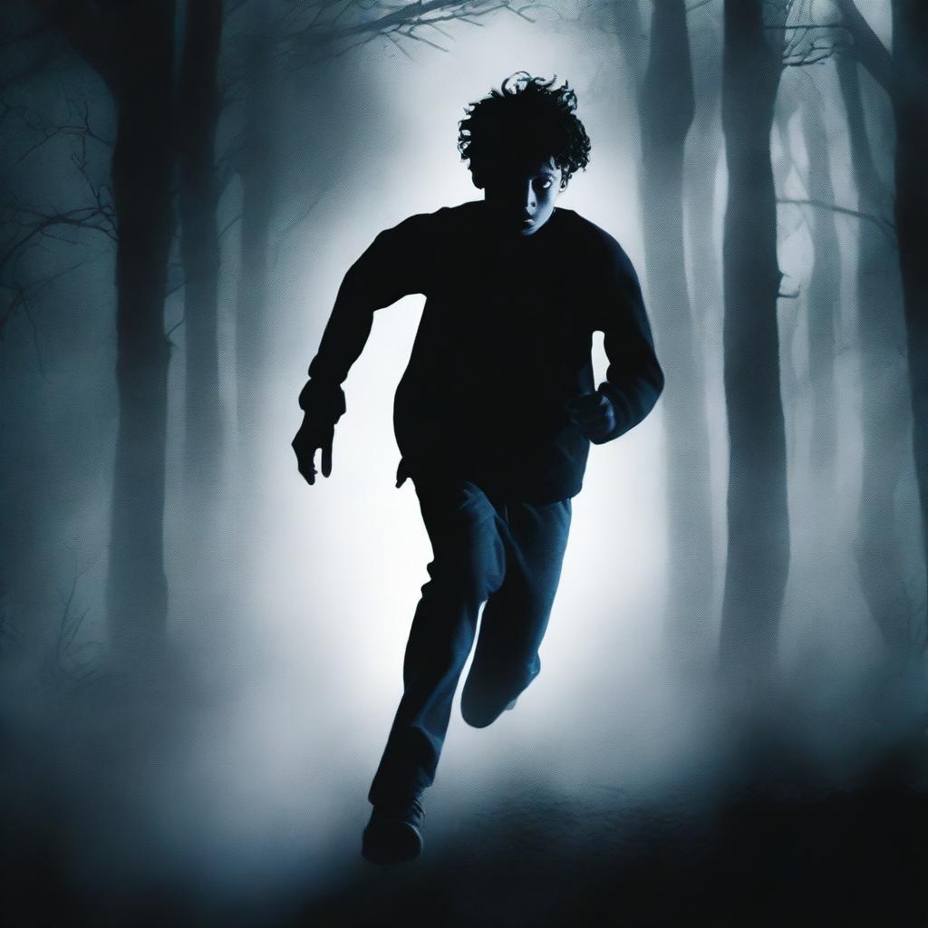 Create a black thriller book cover featuring a teenage boy running away from a dark, creepy figure