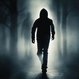Create a black thriller book cover featuring a teenage boy running away from a dark, creepy figure