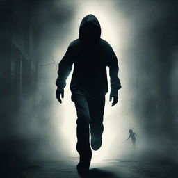 Create a black thriller book cover featuring a teenage boy running away from a dark, creepy figure
