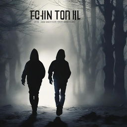 Create a black thriller book cover featuring a teenage boy running away from a dark, creepy figure