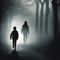Design a black thriller book cover featuring a teenage boy running away from a dark, creepy figure