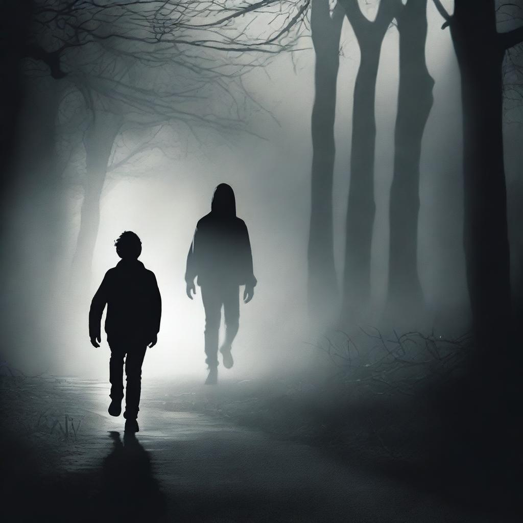 Design a black thriller book cover featuring a teenage boy running away from a dark, creepy figure