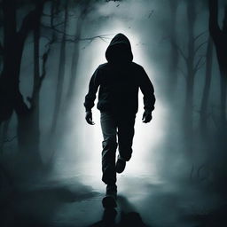 Design a black thriller book cover featuring a teenage boy running away from a dark, creepy figure