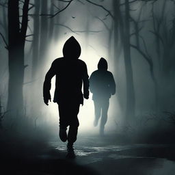 Design a black thriller book cover featuring a teenage boy running away from a dark, creepy figure