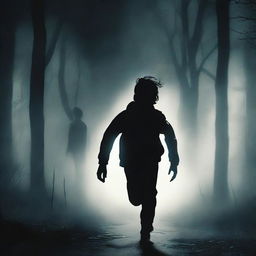 Design a black thriller book cover featuring a teenage boy running away from a dark, creepy figure