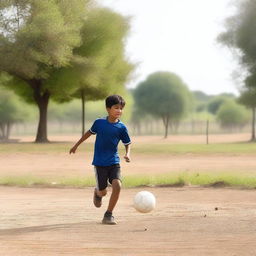 A young boy playing soccer on a small dirt field