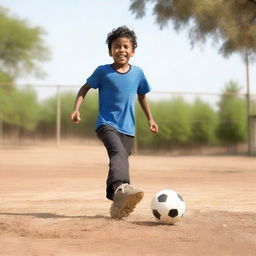 A young boy playing soccer on a small dirt field