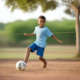 A young boy playing soccer on a small dirt field