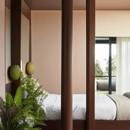 A minimalist bedroom with a soothing palette of earthy brown tones, accentuated with greenery and mirrors. A pillar located near the bed is integrated into the design, disguised aesthetically.