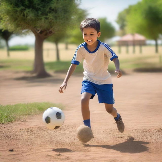 A young boy playing soccer on a small dirt field