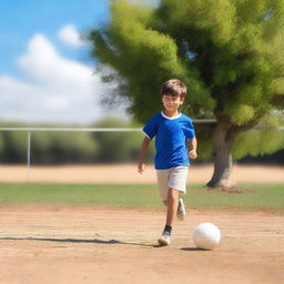 A young boy playing soccer on a small dirt field