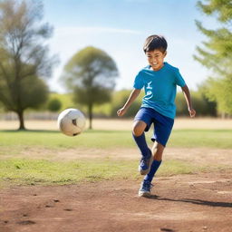 A young boy playing soccer on a small dirt field